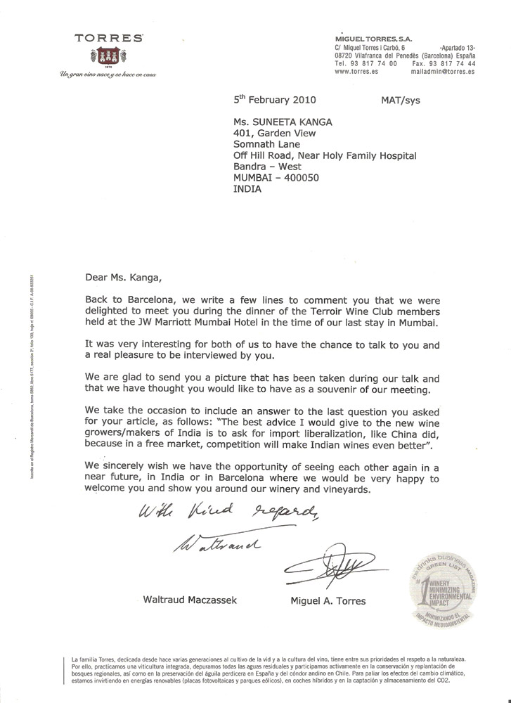 Letter from Miguel Torres