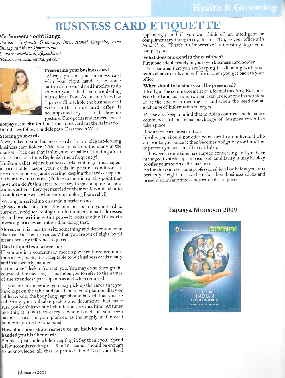 Article on Business card Etiquette - Sept 09 - Tapasya